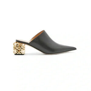 NEW LOEWE Anagram Black Gold Pointed Slip On Mules 6Chunk Heel, SiZE 36EU
